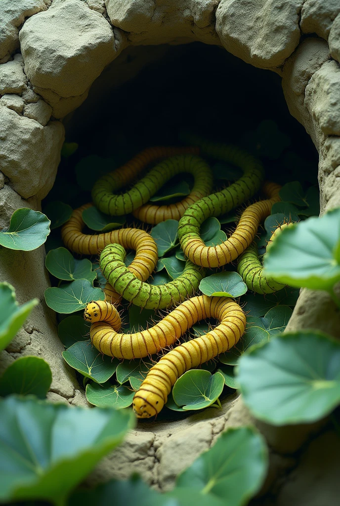 caterpillars inside the rock are eating green leaves