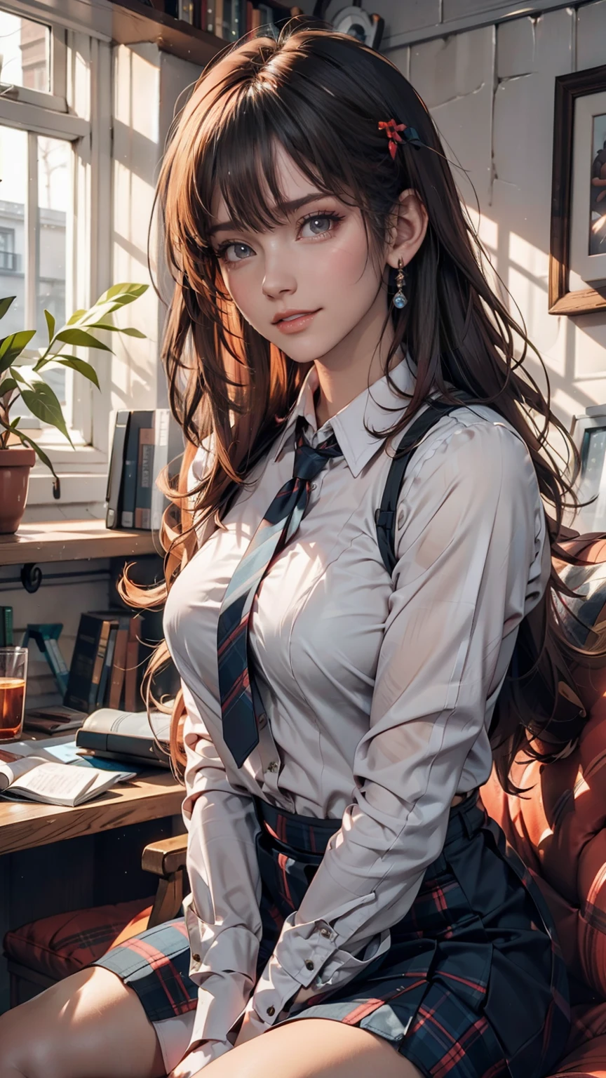 One person, Hoshino (Blue Archive), alone, Heterochromia iridis, Pink Hair, skirt, Long Hair, tie, Ahoge, shirt, Hello, Plaid skirt, blue eyes, Plaid, View your viewers, white shirt, Sitting, Orange eyes, chest Harness, Harness, Long sleeve, ID card, Open your mouth, very Long Hair, collared shirt, smile, blue tie, bangs, The legs are detached from the frame, Between the legs, hand Between the legs, blush, Hair between the eyes, High resolution,masterpiece, Highest quality