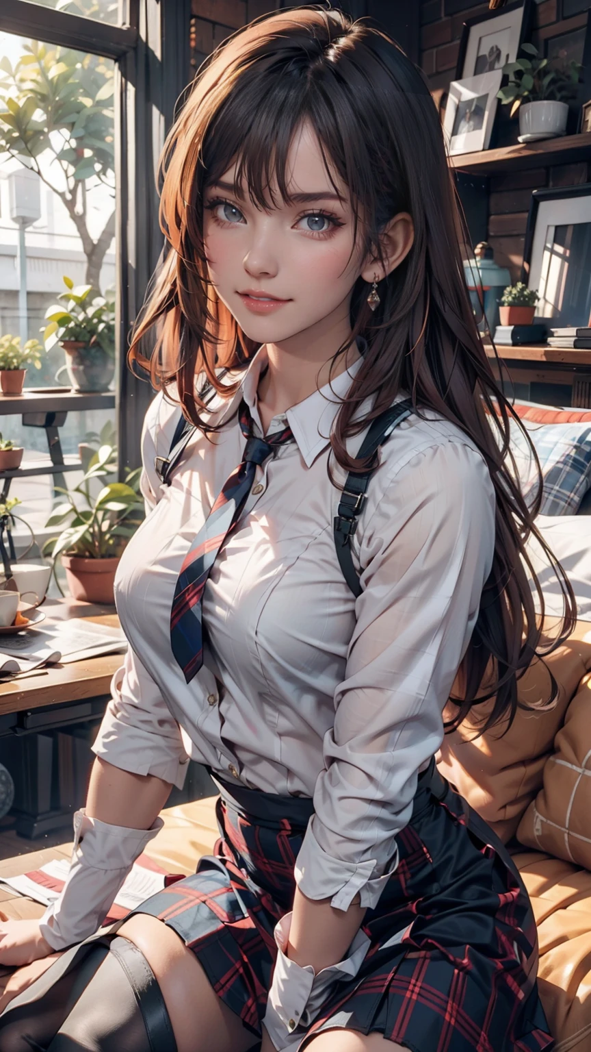 One person, Hoshino (Blue Archive), alone, Heterochromia iridis, Pink Hair, skirt, Long Hair, tie, Ahoge, shirt, Hello, Plaid skirt, blue eyes, Plaid,  View your viewers, white shirt, Sitting, Orange eyes, chest Harness, Harness, Long sleeve, ID card, Open your mouth, very Long Hair, collared shirt, smile, blue tie, bangs, The legs are detached from the frame, Between the legs, hand Between the legs, blush, Hair between the eyes, High resolution,masterpiece, Highest quality