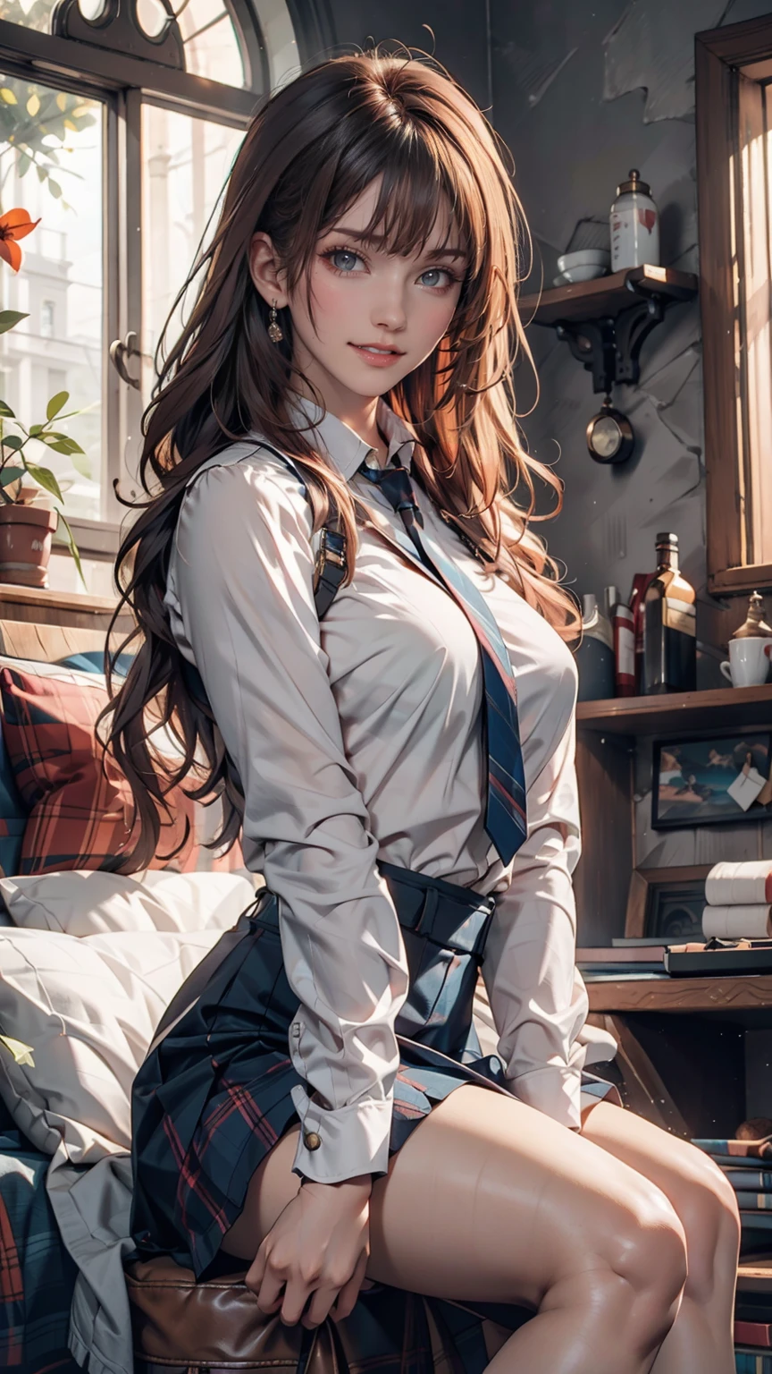 One person, Hoshino (Blue Archive), alone, Heterochromia iridis, Pink Hair, skirt, Long Hair, tie, Ahoge, shirt, Hello, Plaid skirt, blue eyes, Plaid, View your viewers, white shirt, Sitting, Orange eyes, chest Harness, Harness, Long sleeve, ID card, Open your mouth, very Long Hair, collared shirt, smile, blue tie, bangs, The legs are detached from the frame, Between the legs, hand Between the legs, blush, Hair between the eyes, High resolution,masterpiece, Highest quality
