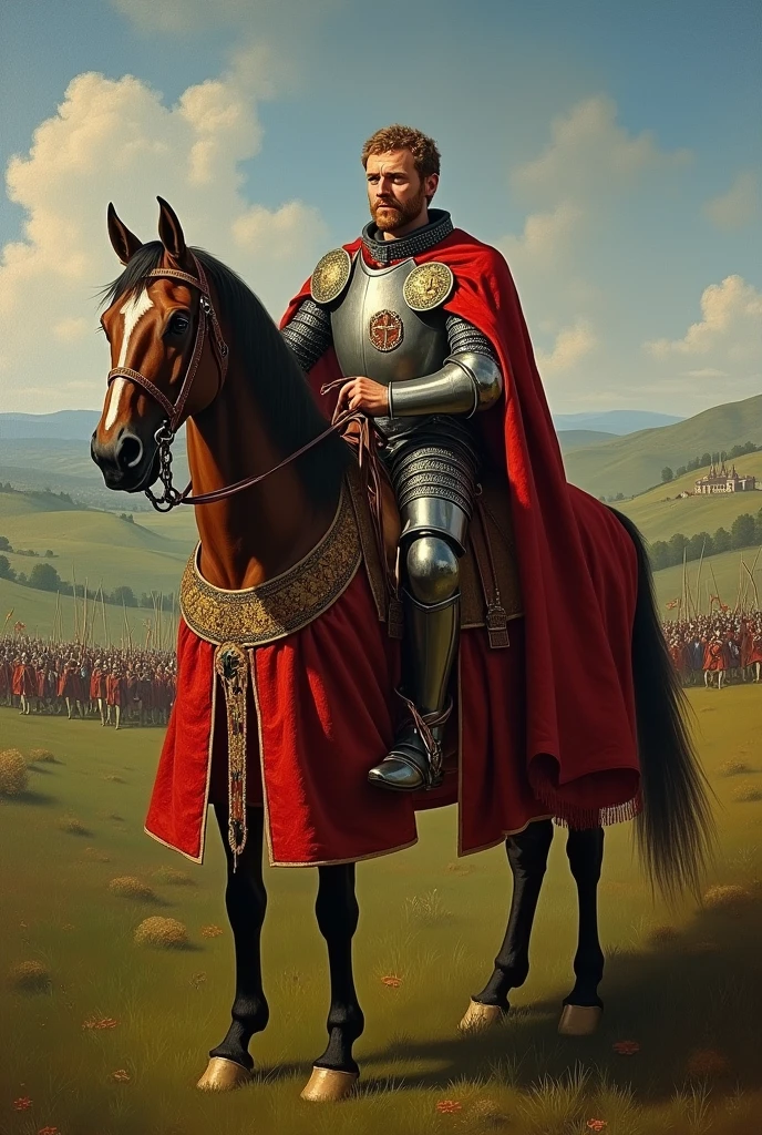 King Edward III of England in battle dress, by horse, in the Crécy countryside, 1346