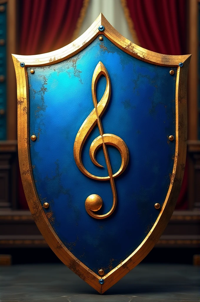 Blue shield with gold border with fan clef in the middle