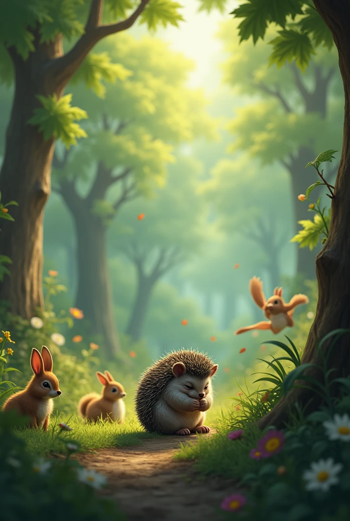An extremely overly depressed hedgehog, sad and alone watching other animals playing in the forest from afar