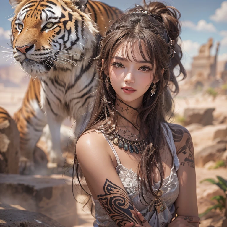 Hiding in the desert、Hair Flow、 ((Highest quality、masterpiece、8k、Best image quality、Ultra-high resolution、Award-winning works)、(Accurate anatomy:1.1)、(Look at me and smile:1.1)、Shining fair skin with Ultra-high resolution、The most detailed face、Ultra-high resolution detailed face、Ultra-high resolutionの髪の毛、(Ultra-high resolutionの煌めく瞳:1.1)、Beautiful face drawn in every detail、(Blurred Background:1.1)、Ancient Islamic clothing, Chest to chest, tattoo, Old ruins in the background、Next to the tiger