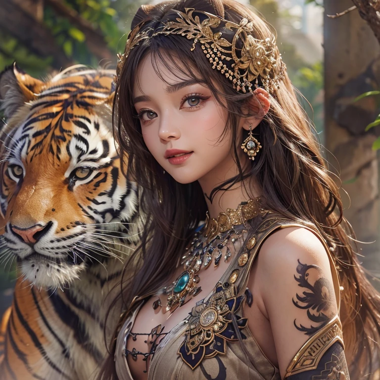 Hiding in the desert、Hair Flow、 ((Highest quality、masterpiece、8k、Best image quality、Ultra-high resolution、Award-winning works)、(Accurate anatomy:1.1)、(Look at me and smile:1.1)、Shining fair skin with Ultra-high resolution、The most detailed face、Ultra-high resolution detailed face、Ultra-high resolutionの髪の毛、(Ultra-high resolutionの煌めく瞳:1.1)、Beautiful face drawn in every detail、(Blurred Background:1.1)、Ancient Islamic clothing, Chest to chest, tattoo, Old ruins in the background、Next to the tiger