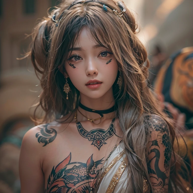 Hiding in the desert、Hair Flow、 ((Highest quality、masterpiece、8k、Best image quality、Ultra-high resolution、Award-winning works)、(Accurate anatomy:1.1)、(Look at me and smile:1.1)、Shining fair skin with Ultra-high resolution、The most detailed face、Ultra-high resolution detailed face、Ultra-high resolutionの髪の毛、(Ultra-high resolutionの煌めく瞳:1.1)、Beautiful face drawn in every detail、(Blurred Background:1.1)、Ancient Islamic clothing, Chest to chest, tattoo, Old ruins in the background、Next to the tiger
