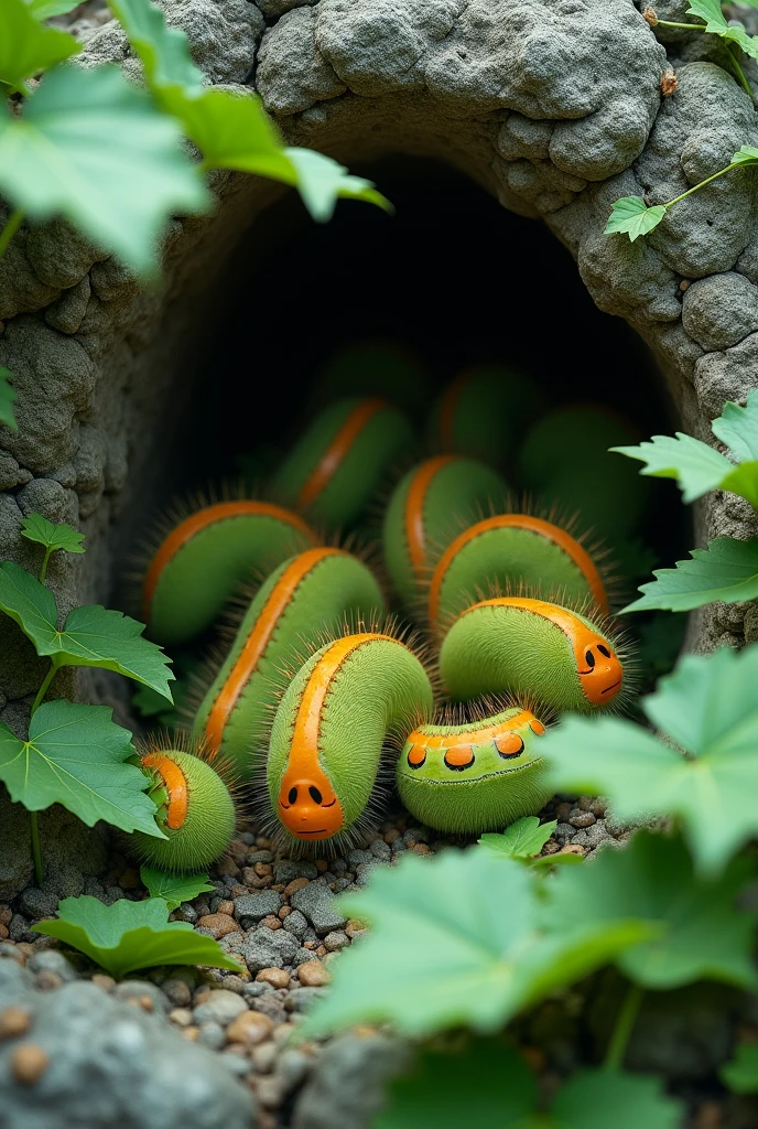 caterpillars inside the rock are eating green leaves