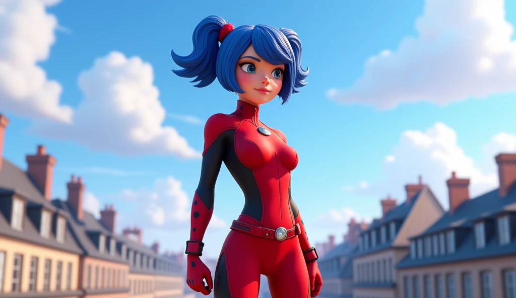 masterpiece,best quality, pixar, full body, 1girl, solo, VioletParr mask, red bodysuit, superhero, red headband, looking at viewer, long black hair, smile, shy, sfw, front view,