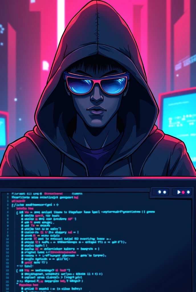 I want to create a profile picture of a systems engineer whose face is not noticeable since he will be wearing a hood, a gamer background and a screen with codes, and he will have glasses but his face is not noticeable at all, not so real.