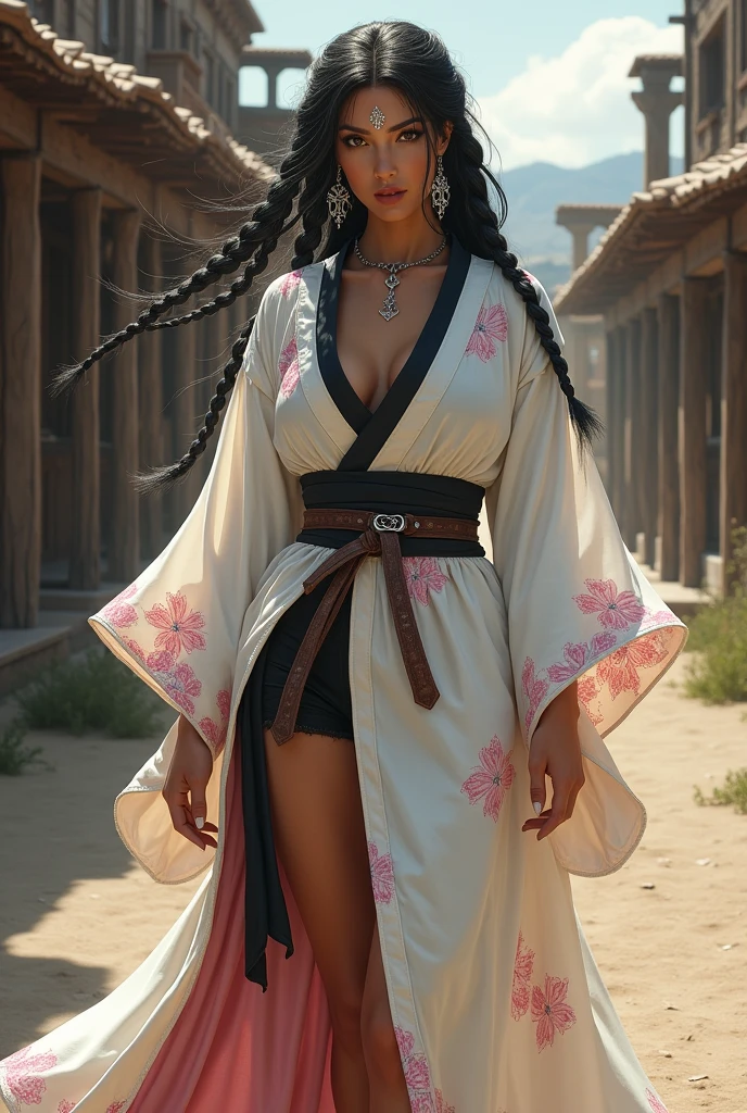 I would like a tanned woman with black braided hair that has white tips, facial markings, earrings, and a beautiful appearance. She wears a white kimono with pink flowers on it, and the interior of the kimono is black. She wears wooden sandals. I would like her to have a mature style, and the art should be in a fantasy RPG style set in the Old West.