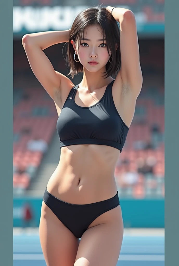 (masterpiece:1.2,Highest quality,Ultra-high resolution,超detailed),(Photorealistic Stick:2.0),(RAW Photos:2.0),(Elaborate photos:1.6),(8k),(wallpaper),Cinema Lighting,(Written boundary depth),(Sophisticated lighting:1.2),break(1 female:1.6),(Are standing),(Japanese),(front:1.6),(Underarm:1.6),(whole body:1,6),(look at me),(strict),break(short hair),(Beautiful Face,Beautiful Eyes,detailedな顔,,detailedな肌,detailedな肌の質感:1.3),(Sporting goods:1.5),(Racing Bloomer:1.5),(Racing Shoes),break(Muscular),(Sensual),(Thick thighs:1.2),(The background is an athletics stadium:1.6),(Blur the background:1.6),(Detailed hand),(hand,detailed,perfection,perfectionion,hand)