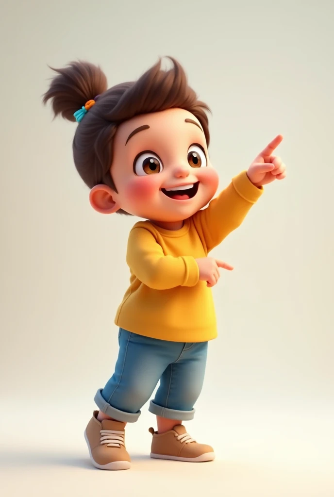 Happy child pointing at something with one hand in front but without a background 