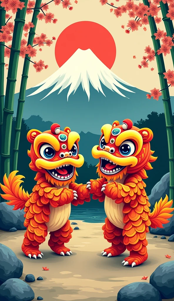 Contemporary graphic art with two fun-looking smiley lion dances like Katsushika Hokusai
great power
Gorgeous and colorful design but calm and elegant design
traditional Japanese scenery
bamboo, bamboo bushes, cherry blossoms, rocks, and Mt. Fuji
Pretty cool
chic and modern design
Stylish design