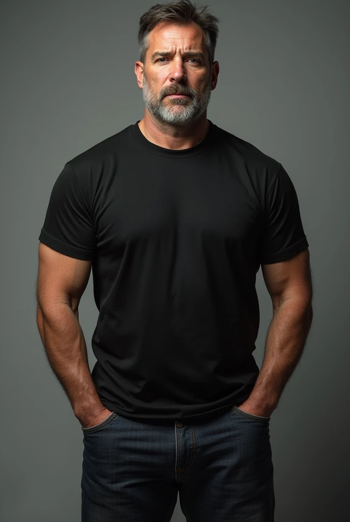 generate an ugly man standing straight facing in front wearing black regular fit t-shirt round neck half sleeves and denim pants against greyish background.