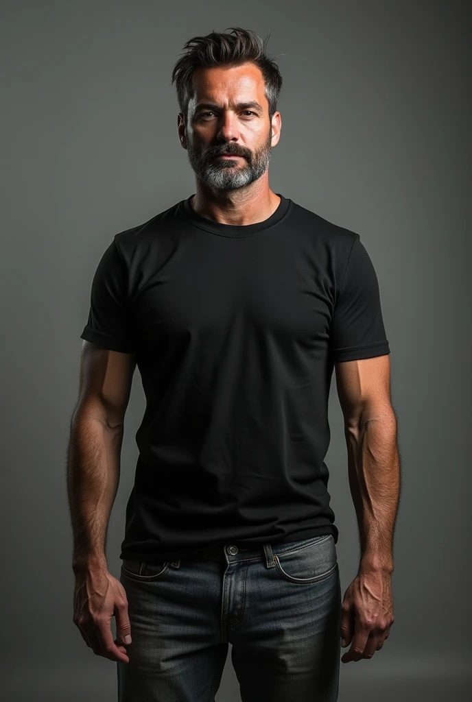 A gorgeous man around 50 years old with a very sexy look he has short salt and pepper color hair, short beard, he is wearing a black t-shirt and a blue jean, he is standing, full body in picture