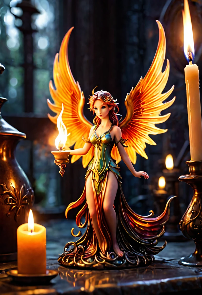 A tiny fairy phoenix emerging from a candle flame in a dim Wizards laboratory