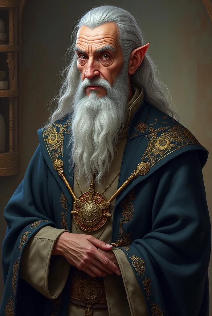Labelas Enoreth Physical Characteristics: A mature and wise looking elf, with silver hair and an expression of deep thought. He wears elegant, old-fashioned clothes, often with symbols of time and history, like hourglasses or books.