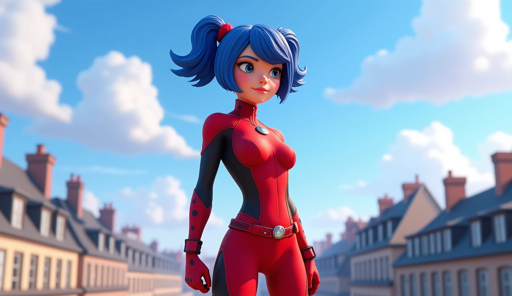 Ladybug (Marinette),20-years-old young girl, blue_hair_color,pigtails_hairstyle,short_hair,wearing her red and black-spotted superhero suit, stands alone, in paris city,The rooftops around her should be typical Parisian buildings,3d_animation,disney_inspiration,high quality,full body image,