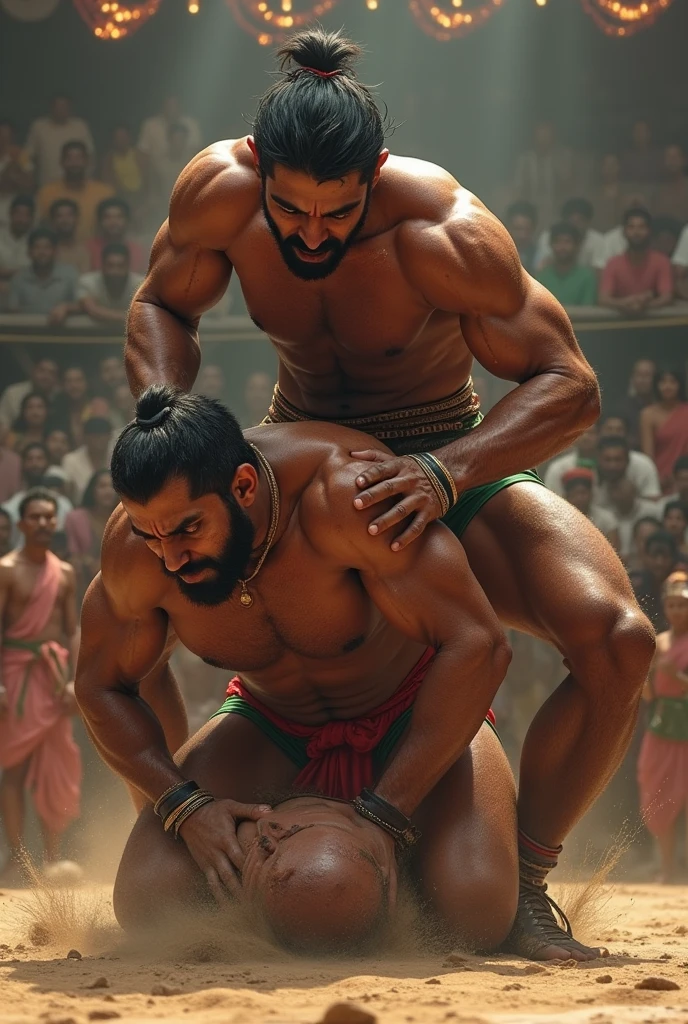 Fit indian wrestler holding opponent in camel clutch position with his one boot on his back