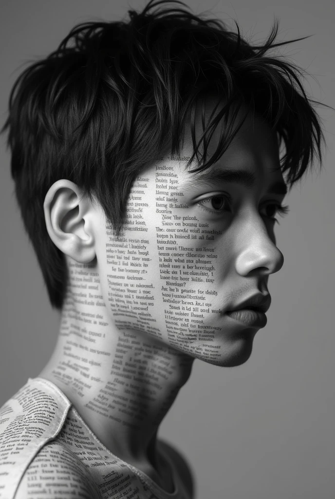 realistic close-up portrait of a young man, short black hair, confused expression, looking to the side, the whole skin has vertical printed lines of text like a newspaper, side angle view, black and white professional photography 