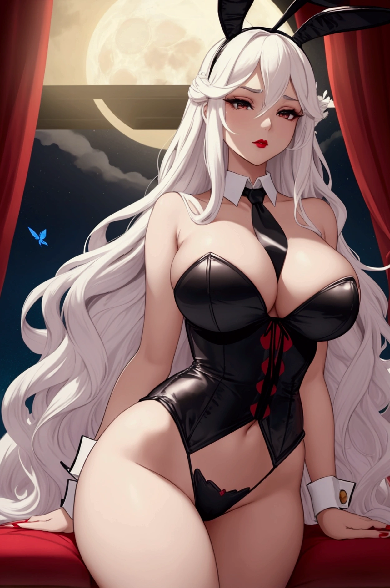 "A young woman with long, wavy white hair, divine aura branch. goddess of the moon, serious face, breasts on display, large bust, Large Large, dressed in a classic Playboy bunny outfit. The costume consists of a black corset, butterfly necktie, satin bunny ears, white cuffs with black cufflinks and a bunny tail. She is posing elegantly in a luxurious setting, like a room decorated with velvet sofas and soft lighting. Her expression is confident and seductive, with sophisticated makeup and striking red lipstick.