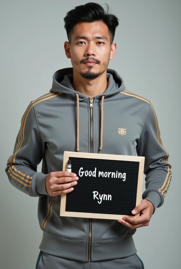 A photography of malay handsome man is wearing grey gold sport clothes style and smoking vape, he was  holding a mini board saying "GOOD MORNING RYNN"