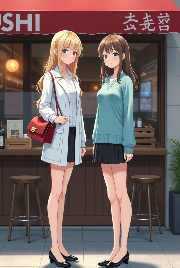 (two women), ((1 woman is French, 1 girl Japanese with standing)) , front sushi restaurant , noon ,from Front view, looking at viewer, ((ung French White girl:1.3)) ( blond hair, long hair, gray eye, little lip , earring neckless, black eyeglass), (White Doctor costume, White blouse, Black miniskirt, black hi-heal), ((1 Japanese Girls):1.3) ,(20-year-old),( Beautiful Eyes, Light brown straight short hair, fringe, Faint lips),(earring, neckless) , (White Shirt, sky blue seater, Black miniskirts), black HI heal) , Louis Vuitton Red shoulder-bag, lady's watch of Seiko, (masterpiece, highest quality, High resolution, Photo realistic, sharp, RAW Photos, 8k wallpaper, perfection, Professional Lighting, Very detailed)