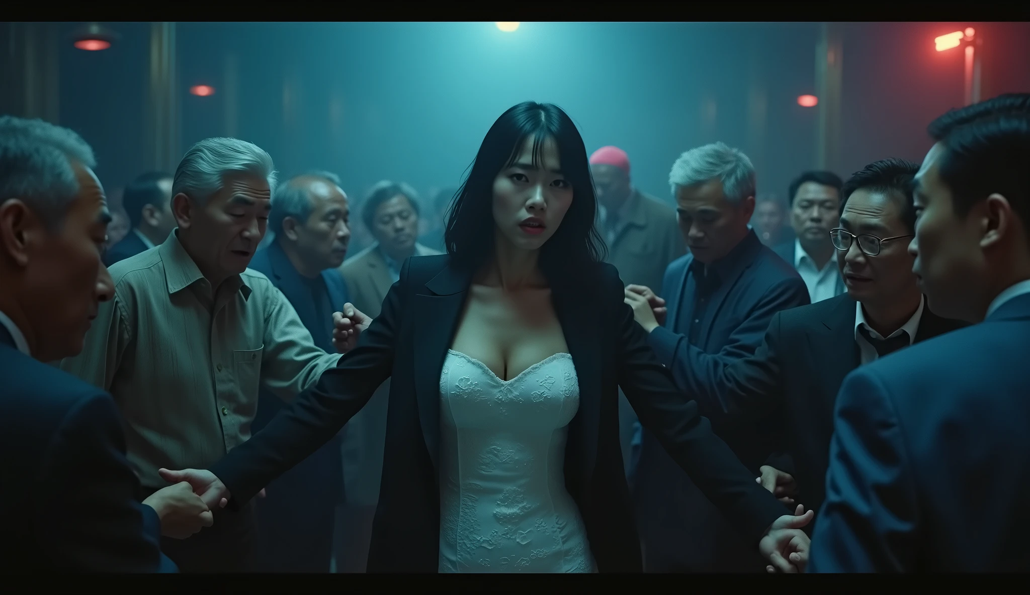 masterpiece, best quality, 8K, super fine, Dim lighting, Blue Lighting, pitch dark, Naked Japanese mature woman in her 30s with a coat in a dirty movie theater crowded with old men, She is Elegant upper-class elite secretary, She is surrounded by old men, being physically touched, frightened expression on her face, Full body image of Japan teenage princess in a pink ultra micro Bikini, the woman in the back, with the men in the front around her, She is being kissed by a short little fat old man, white skin, big and round hips, hourglass body shape, gigantic breasts, Bushy Stomach Line, huge breasts, Polaroid, out of focus