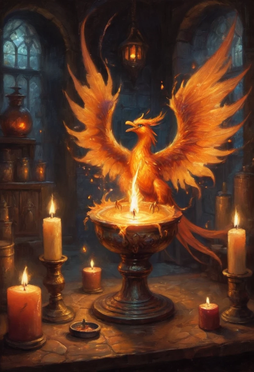 A tiny fairy phoenix emerging from a candle flame in a dim Wizards laboratory