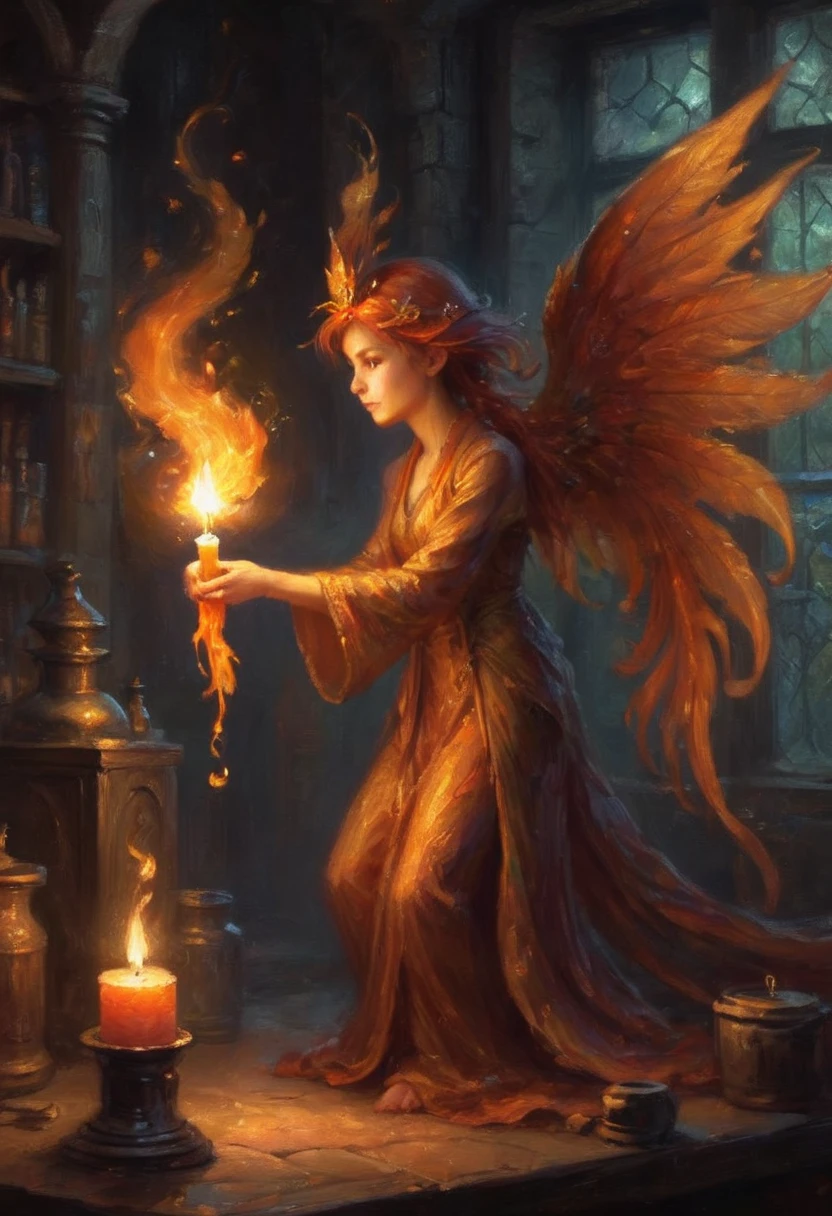A tiny fairy phoenix emerging from a candle flame in a dim Wizards laboratory