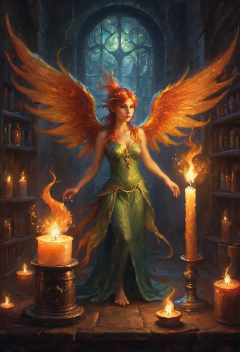 A tiny fairy phoenix emerging from a candle flame in a dim Wizards laboratory
