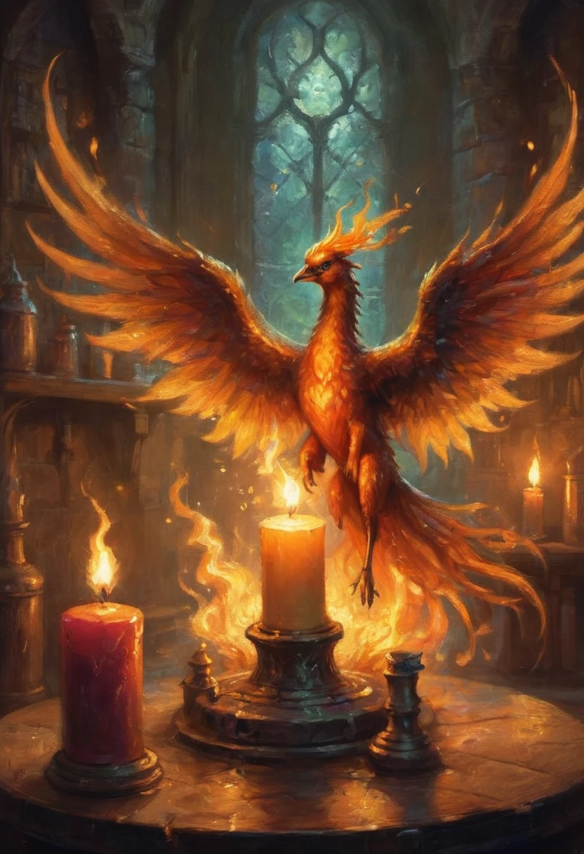 A tiny fairy phoenix emerging from a candle flame in a dim Wizards laboratory