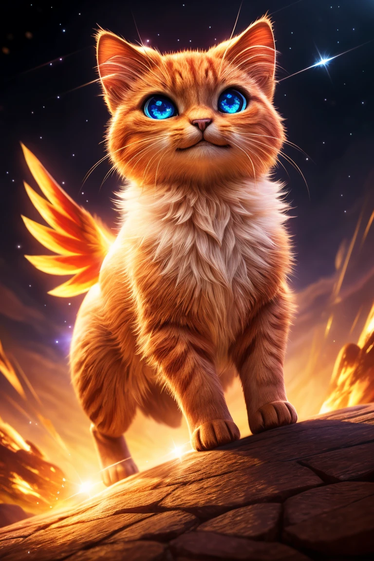 (Highest quality、masterpiece、8k))、Anatomically correct、Very detailed、High resolution、Cinematic lighting、Realistic、((Beautiful, sparkling, detailed eyes))、Intricate details、((Dynamic composition))、Cute kitten、Big head、Ride the Phoenix