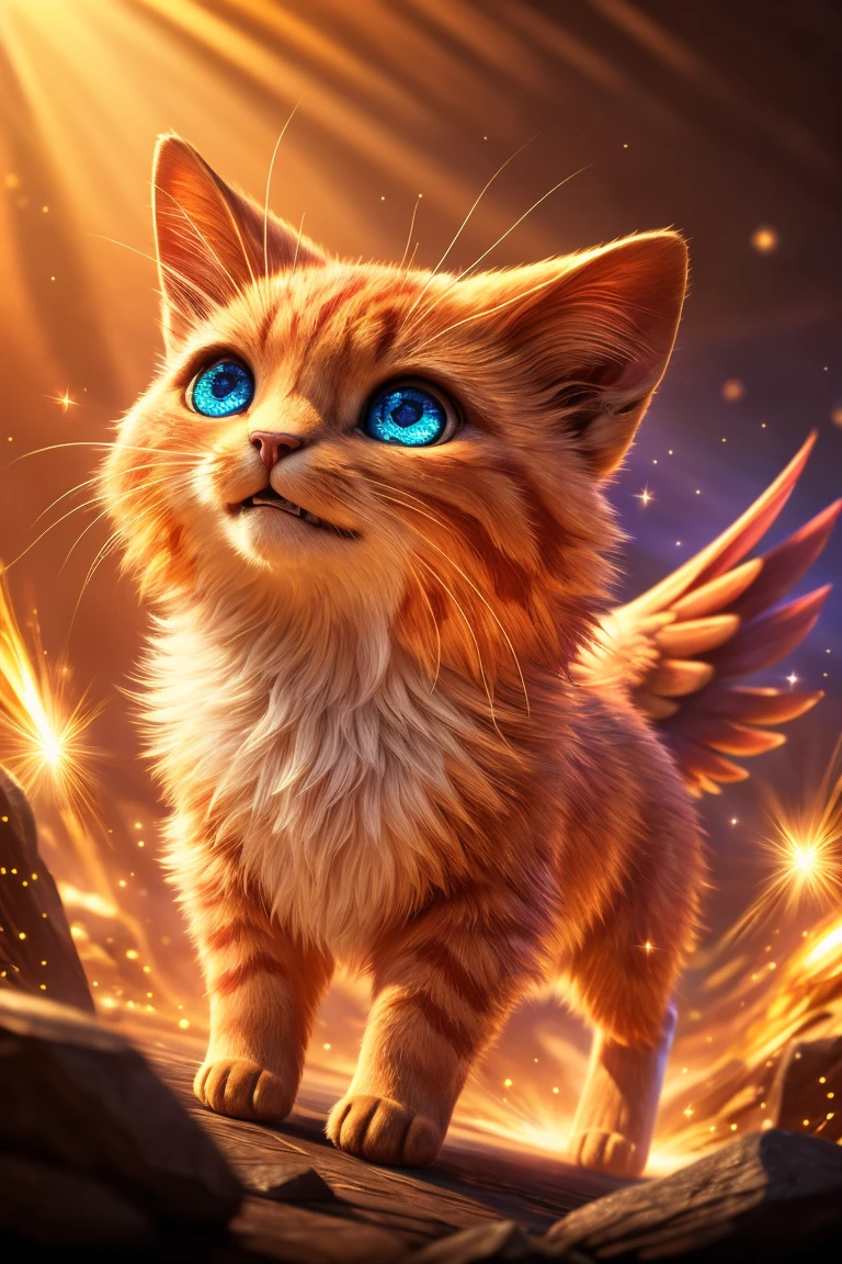 (Highest quality、masterpiece、8k))、Anatomically correct、Very detailed、High resolution、Cinematic lighting、Realistic、((Beautiful, sparkling, detailed eyes))、Intricate details、((Dynamic composition))、Cute kitten、Big head、Ride the Phoenix