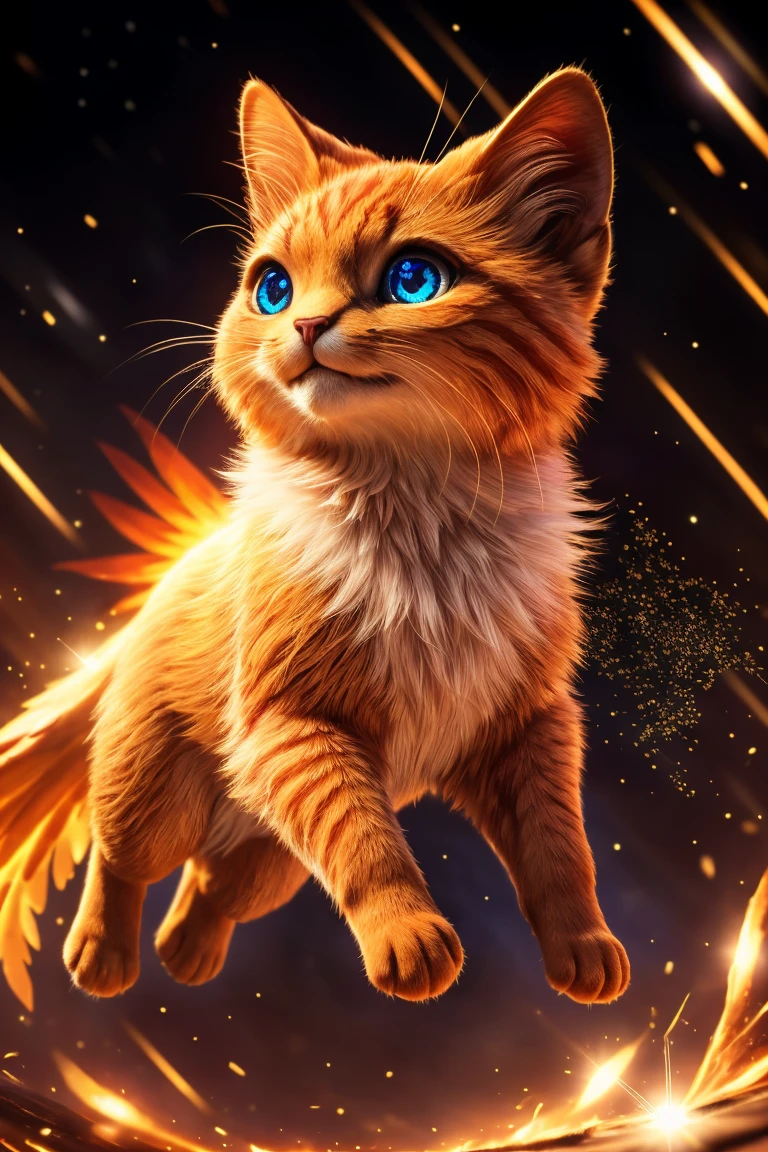 (Highest quality、masterpiece、8k))、Anatomically correct、Very detailed、High resolution、Cinematic lighting、Realistic、((Beautiful, sparkling, detailed eyes))、Intricate details、((Dynamic composition))、Cute kitten、Big head、Ride the Phoenix