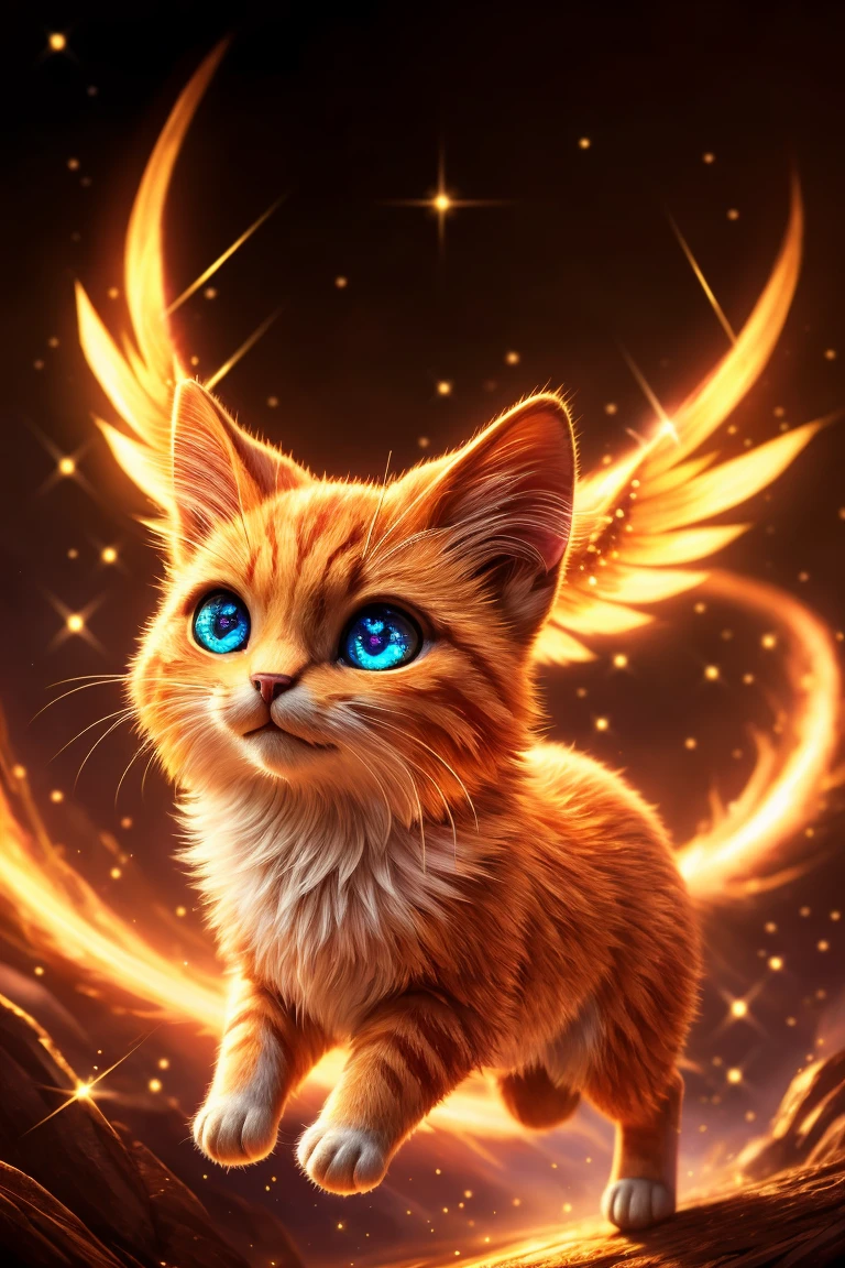 (Highest quality、masterpiece、8k))、Anatomically correct、Very detailed、High resolution、Cinematic lighting、Realistic、((Beautiful, sparkling, detailed eyes))、Intricate details、((Dynamic composition))、Cute kitten、Big head、Ride the Phoenix