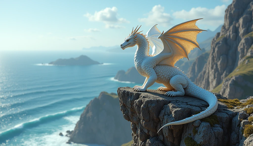 A White Dragon perched on the edge of a mountain by the ocean