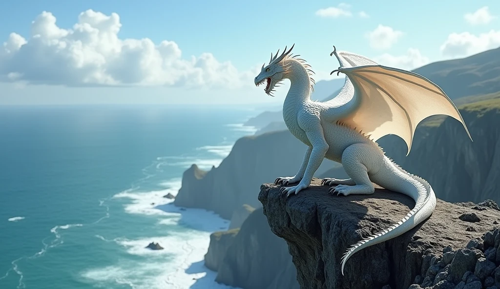 A White Dragon perched on the edge of a mountain by the ocean