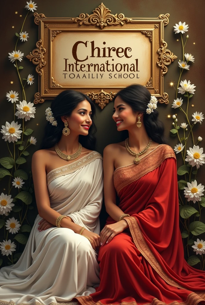 captivating fantasy digital artwork featuring a 2 Indian woman , exuding grace and elegance. She sits majestically behind a decorative plaque inscribed with 'CHIREC INTERNATIONAL SCHOOL'. The woman is dressed in a stunning white and red saree and a delicate crown, her smile illuminating her face. The plaque is adorned with intricate golden borders and designs, enhancing the scene's opulence. Delicate white flowers surround her, and golden sparkles create a magical aura in the dark fantasy atmosphere. The muted brown background contrasts with the artwork's vivid colors, highlighting the artist's exceptional talent and immersing the viewer in a fantastical world., vibrant, photo, dark fantasy, typography