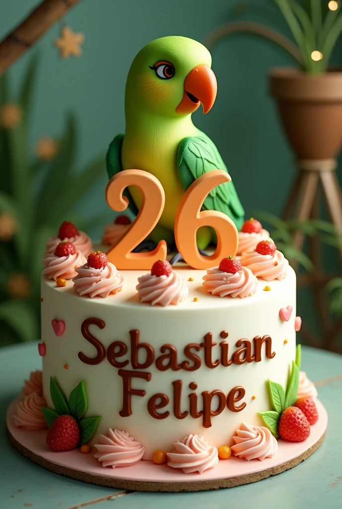 Birthday cake that says Sebastian Felipe, the number 26 and a parakeet bird on the cake