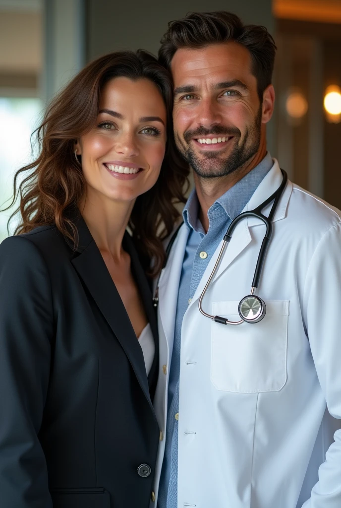 A couple where the woman (white with wavy brown hair) she is a lawyer and the man is a doctor