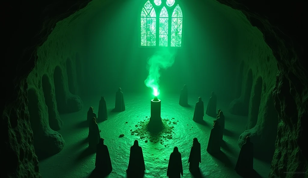 8k、large stained glass,(High angle), (number々の賞を受賞したmasterpiece、Incredible detail、Texture、Maximum details),green flame candle, (summoning magic),(A cave with beautiful moonlight late at night) - Ethiopia), (dark ritual),(dark organization)arafed image of a group of people in a church with candles,lit candle, dark cinematic concept art, elegant cinematic fantasy art, photorealistic dark concept art, by Beeple, dark robes, wojtek fus, gothic epic library concept, gothic epic library, epic cinematic concept art, dark concept art, Beeple and mike winkelmann, symmetrical epic fantasy art, High resolution, masterpiece, Highest quality, Intricate details, Very detailed, Clear focus, practical skin texture, texture,  Shot with Canon, 85mm, Shallow and deep, Kodak Vision Color, Exactly, Very detailed, photograph_\(Extremist\), photographpractical, practical, Post-processing, Maximum details, Roughness, Real Life, Extremist practical, Photorealism, photographgraphy, 8K Ultra HD, photographgraphy
