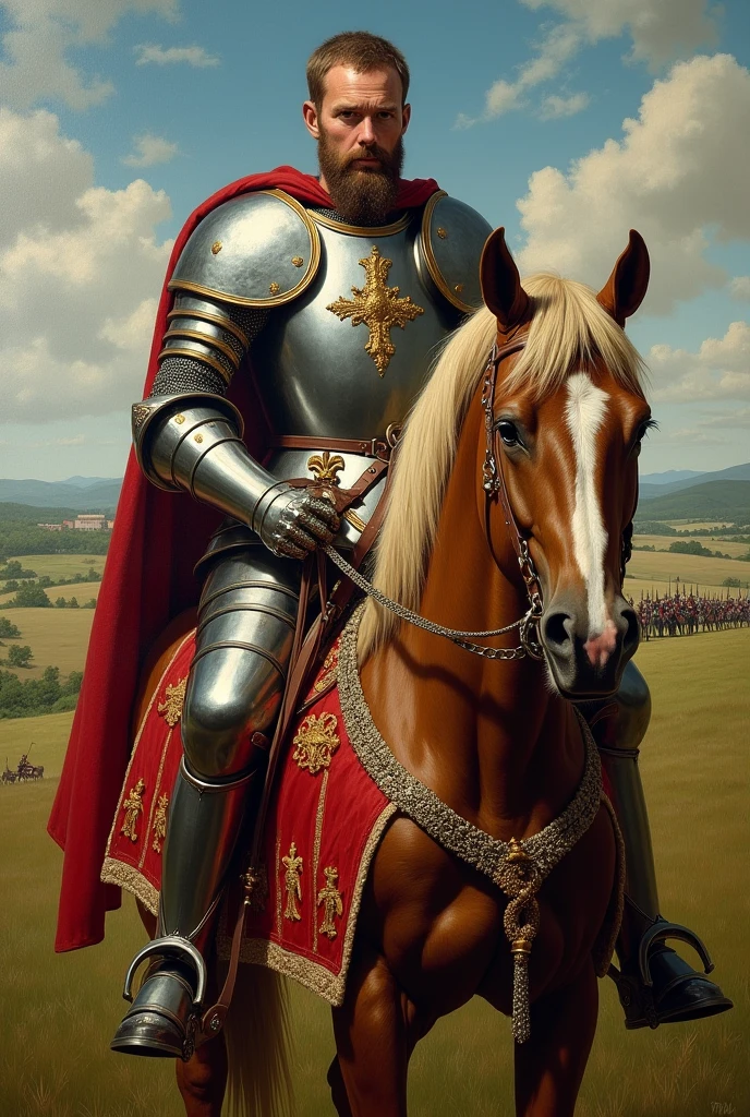 King Edward III of England in battle dress, by horse, in the Crécy countryside, 1346