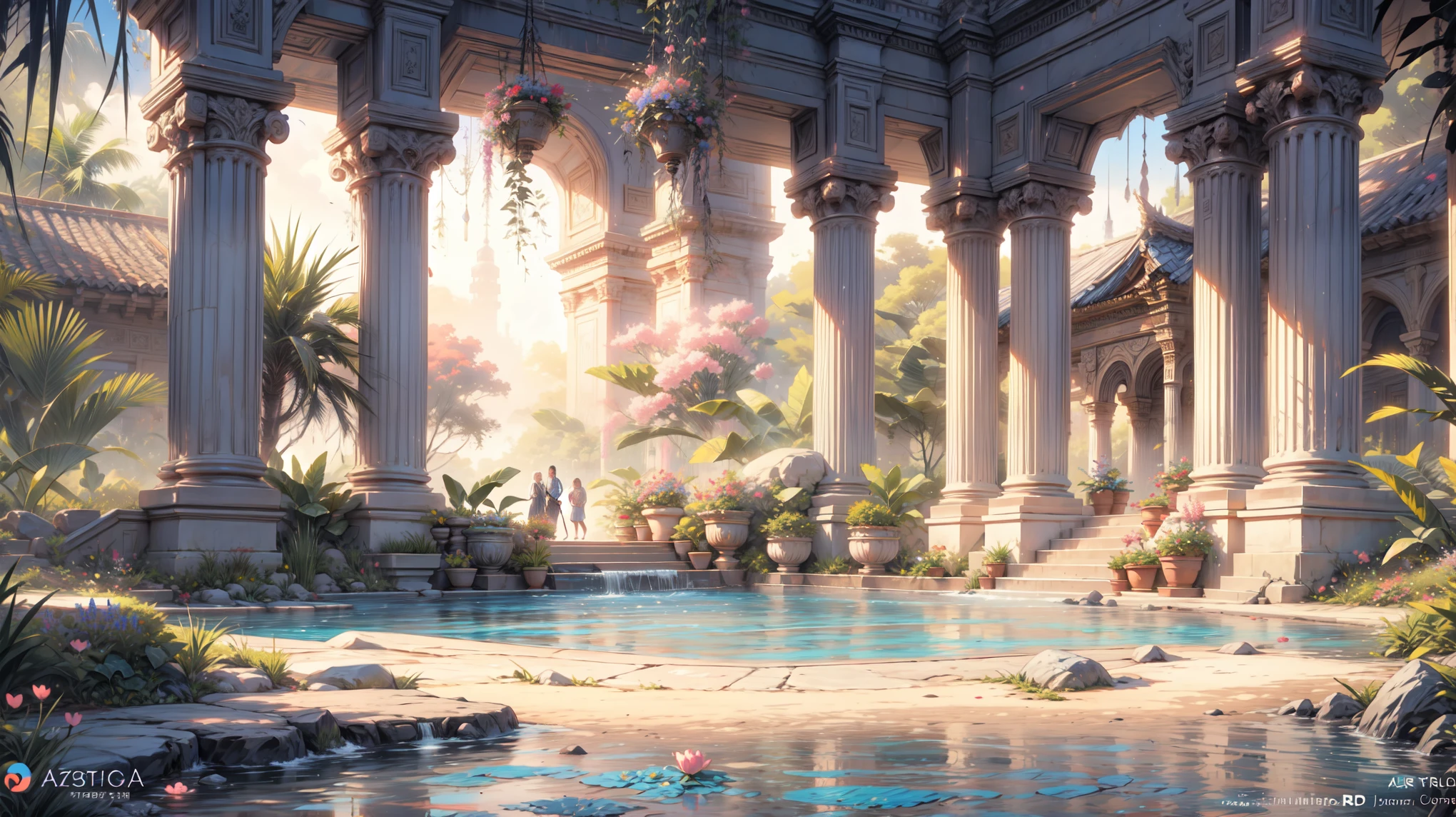 a painting of a pool with pink flowers and a gazebo, beautiful art uhd, 32k UHD, style raw, tropical pool, a beautiful artwork illustration, royal garden background, very detailed paradise, tropical paradise, gigantic pillars and flowers, paradise in the background, relaxing concept art, beautiful digital painting, magnificent background, anime background art, romantic landscape, a pool inside the giant palace