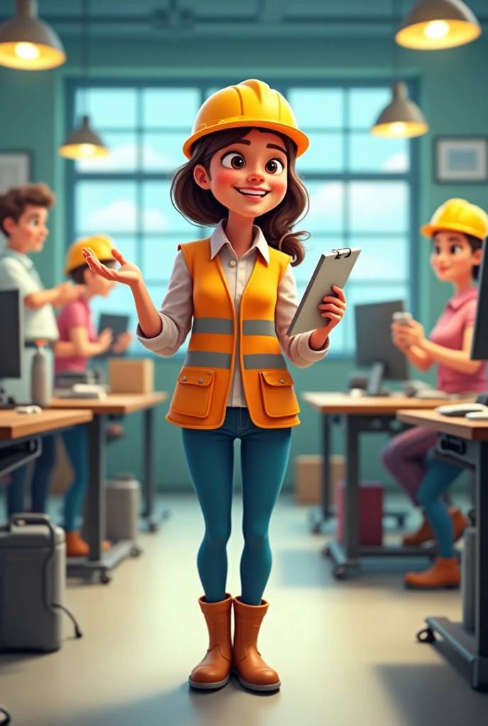 A woman dressed as an occupational health and safety professional, performing an animated cartoon-style inspection
