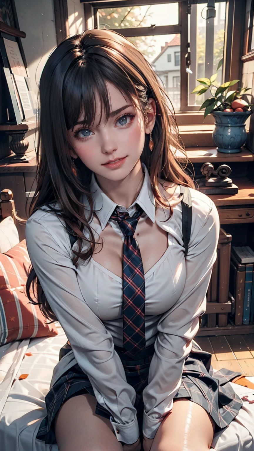 One person, Hoshino (Blue Archive), alone, Heterochromia iridis, Pink Hair, skirt, Long Hair, tie, Ahoge, shirt, Hello, Plaid skirt, blue eyes, Plaid,  View your viewers, white shirt, Sitting, Orange eyes, chest Harness, Harness, Long sleeve, ID card, Open your mouth, very Long Hair, collared shirt, smile, blue tie, bangs, The legs are detached from the frame, Between the legs, hand Between the legs, blush, Hair between the eyes, High resolution,masterpiece, Highest quality