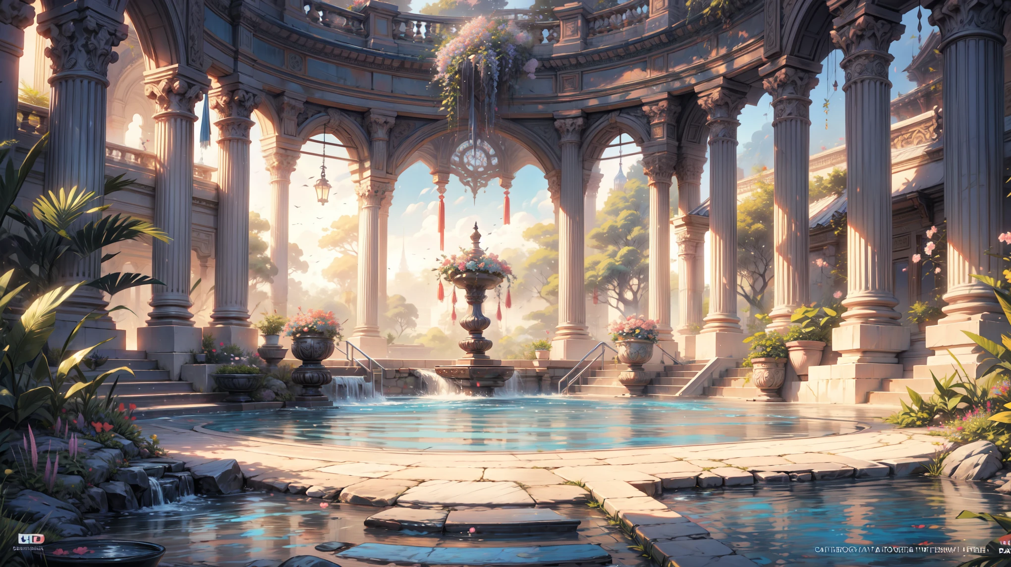a painting of a pool with pink flowers and a gazebo, beautiful art uhd, 32k UHD, style raw, tropical pool, a beautiful artwork illustration, royal garden background, very detailed paradise, tropical paradise, gigantic pillars and flowers, paradise in the background, relaxing concept art, beautiful digital painting, magnificent background, anime background art, romantic landscape, a pool inside the giant palace
