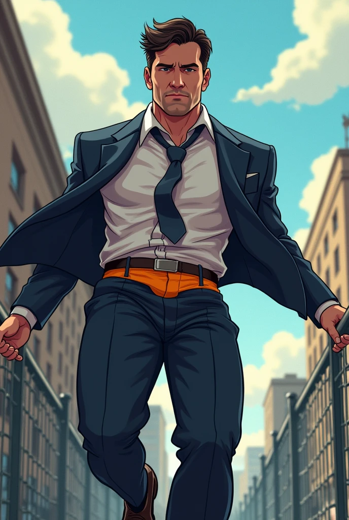 A handsome and arrogant FBI agent named jackson got humiliated when he ripped his pants during a mission exposing his funny whimsical briefs when he leaped through the fence and when he landed his pants ripped to the back.