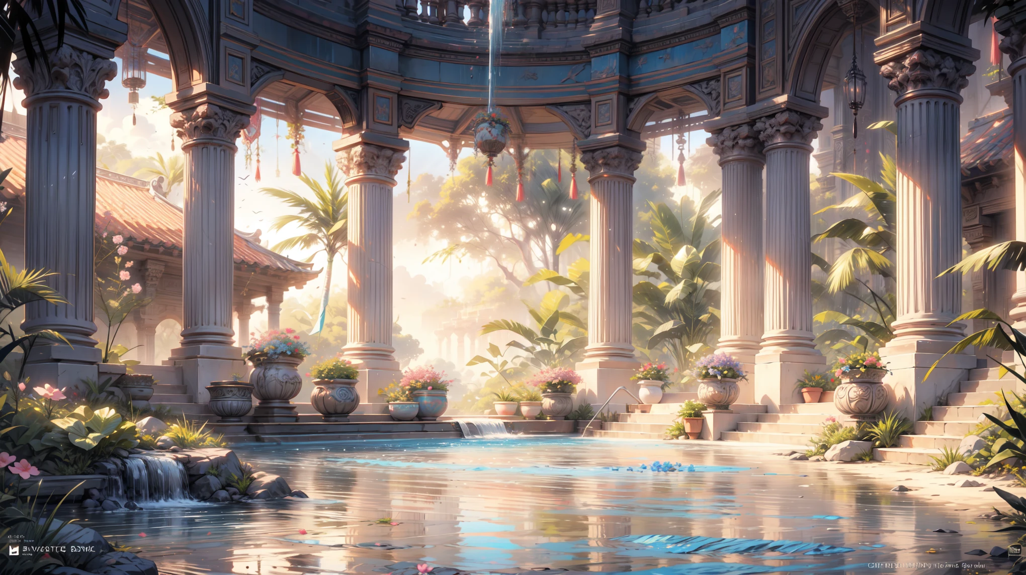 a painting of a pool with pink flowers and a gazebo, beautiful art uhd, 32k UHD, style raw, tropical pool, a beautiful artwork illustration, royal garden background, very detailed paradise, tropical paradise, gigantic pillars and flowers, paradise in the background, relaxing concept art, beautiful digital painting, magnificent background, anime background art, romantic landscape, a pool inside the giant palace