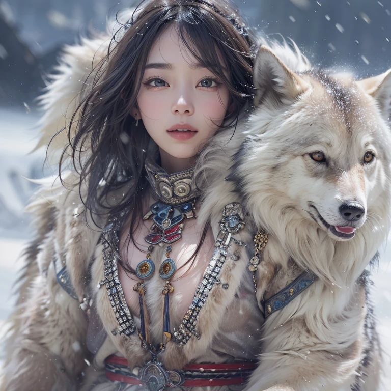 Hiding in the snowy mountains、Hair Flow、 ((Highest quality、masterpiece、8k、Best image quality、Ultra-high resolution、Award-winning works)、(Accurate anatomy:1.1)、(Look at me and smile:1.1)、Shining fair skin with Ultra-high resolution、The most detailed face、Ultra-high resolution detailed face、Ultra-high resolutionの髪の毛、(Ultra-high resolutionの煌めく瞳:1.1)、Beautiful face drawn in every detail、(Blurred Background:1.1)、Ancient Inuit clothing, Chest to chest, tattoo, Old ruins in the background、Actual wolves nearby
